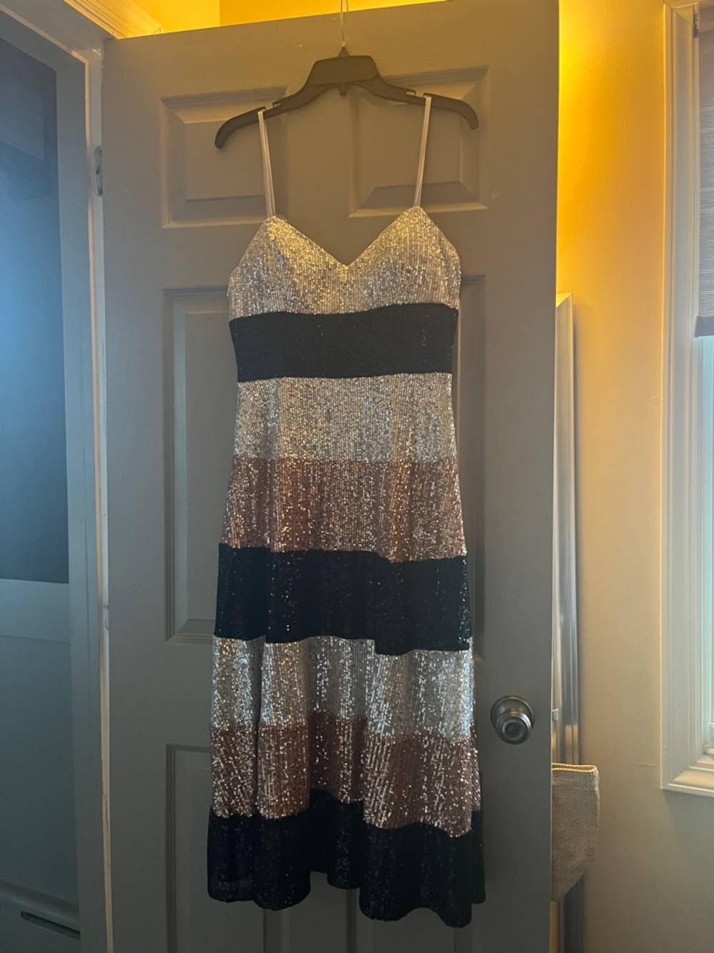 Sequin Stripe Spaghetti-Strap Midi Dress in Silver, Black & Bronze